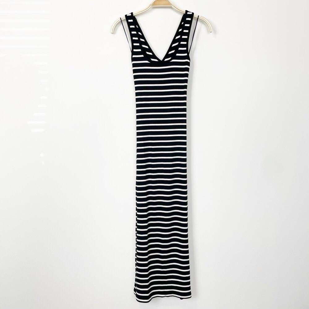 J.Crew Cross-Back Midi Dress in Striped Vintage Rib Knit Black‎ White XS BX619